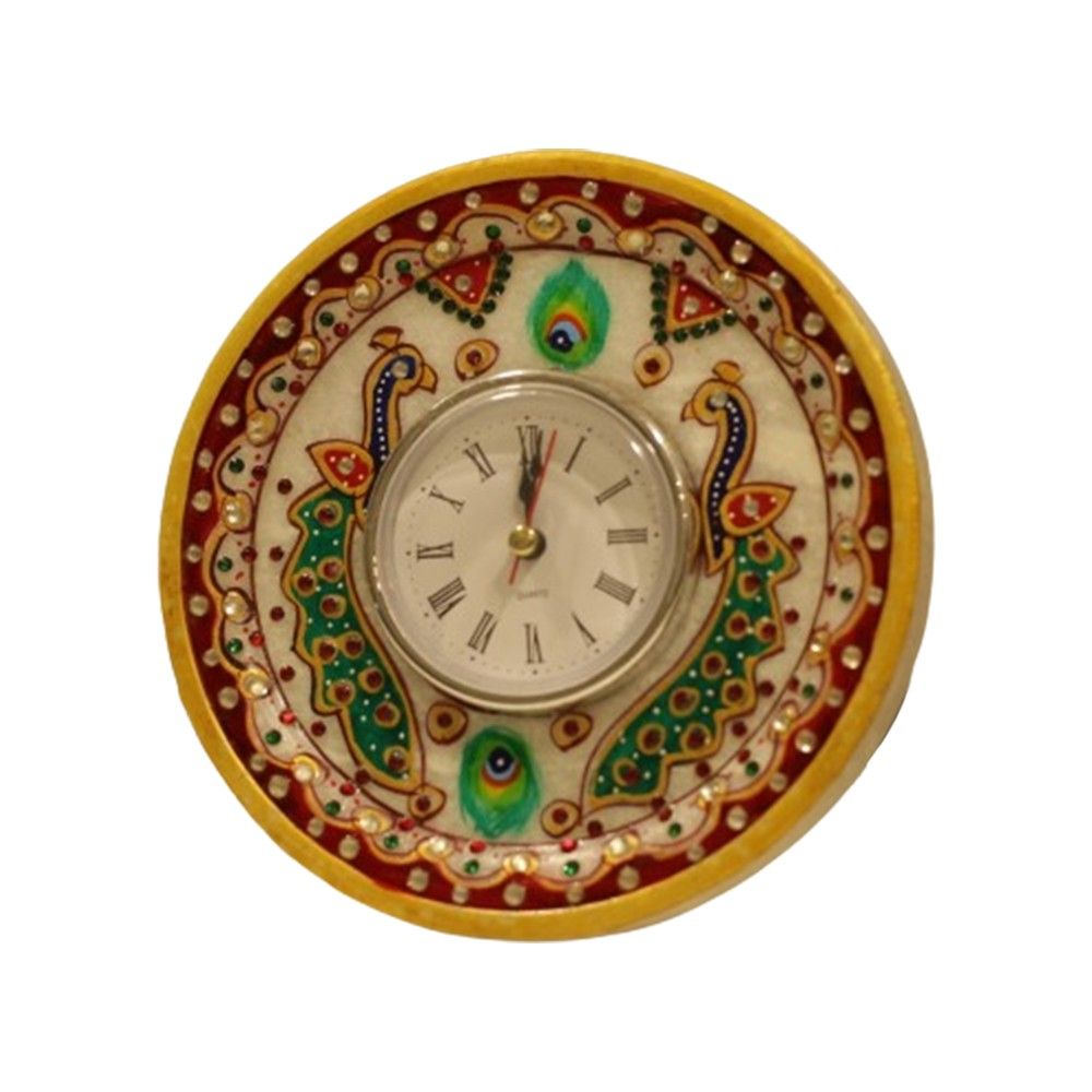 Meenakari Work Decorative Rounded Peacock Painted Table Clock